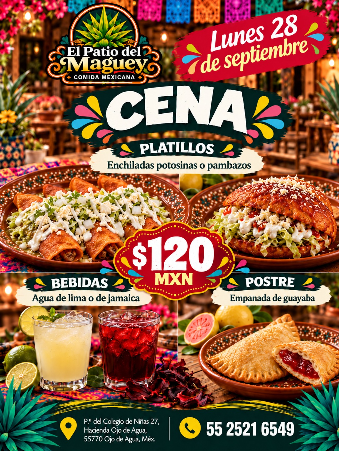 Cena El Patio del Maguey lunes 28 de septiembre: enchiladas potosinas o pambazo, bebidas y empanada de guayaba, 120 pesos.