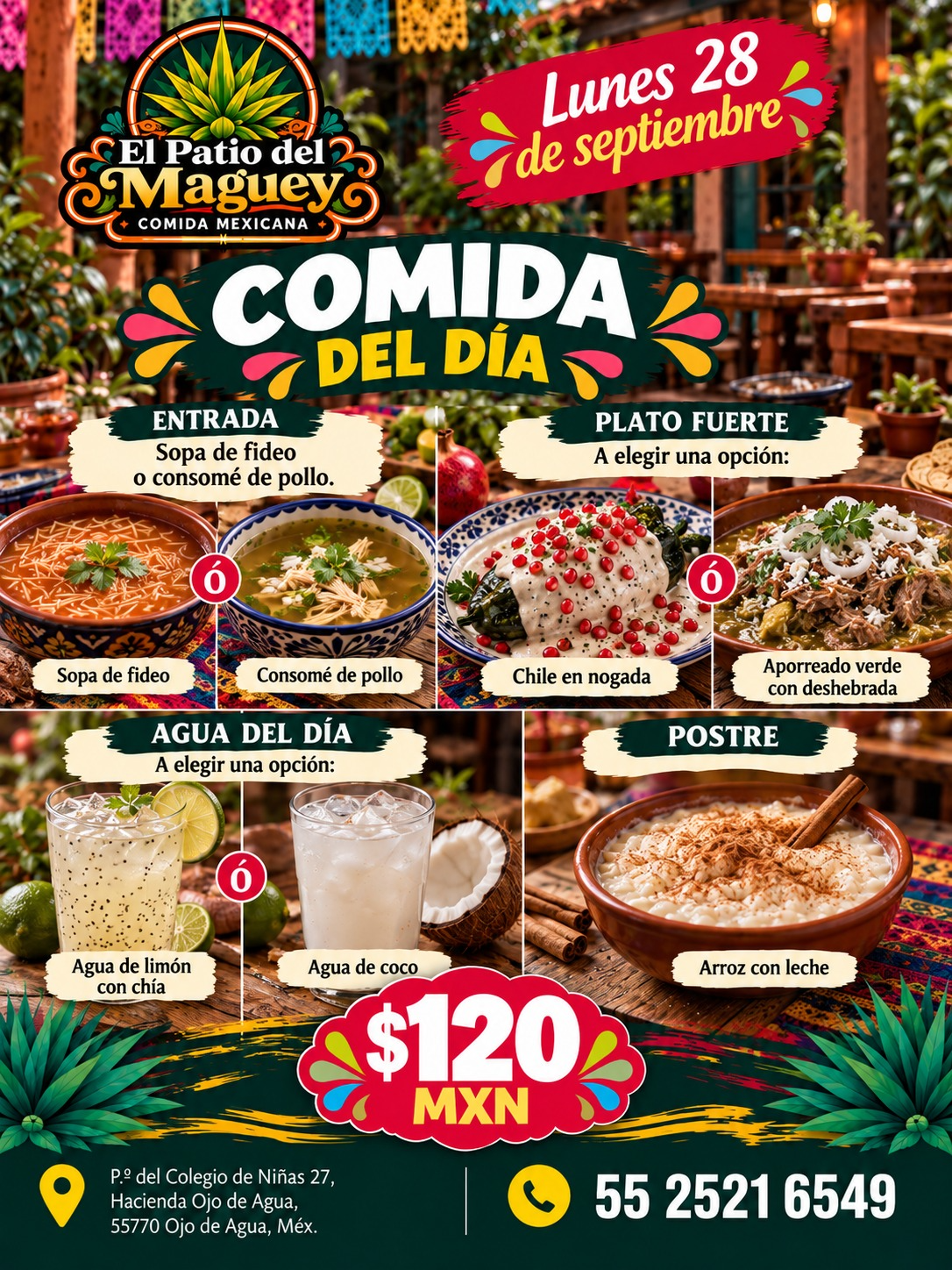 Comida del día El Patio del Maguey lunes 28 de septiembre, 120 pesos.